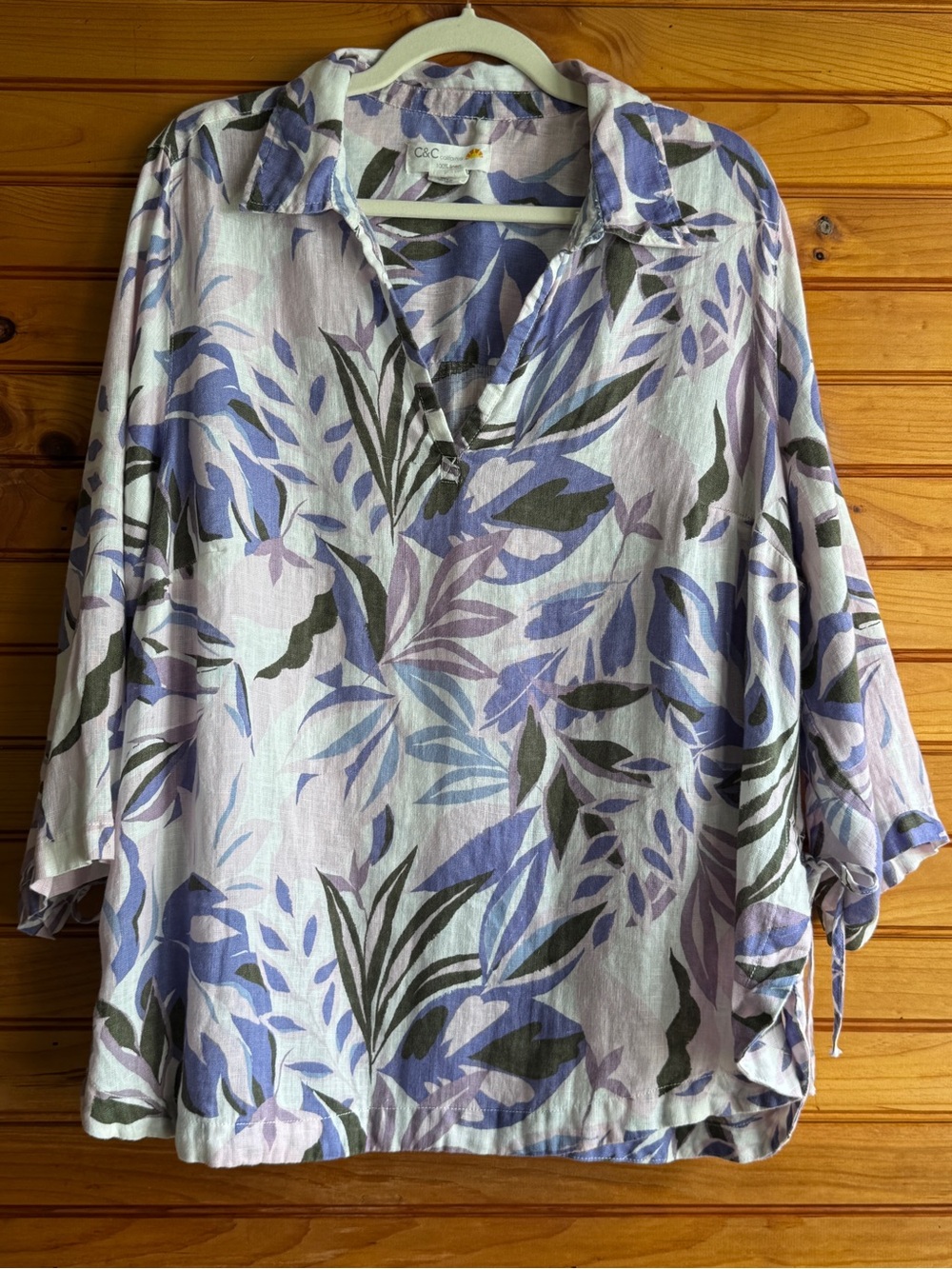 C&C California Linen Tunic Blouse 1X Purple Botanical Coastal Resort Relaxed
